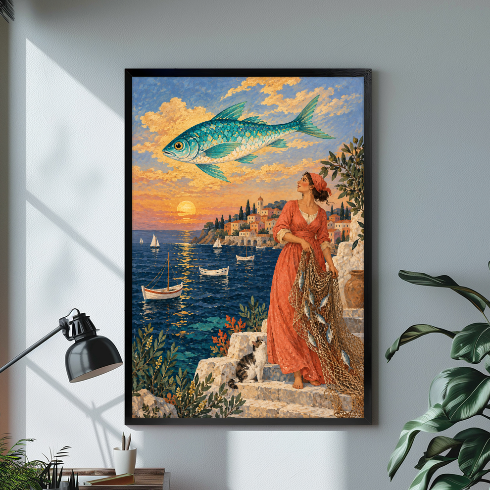 Fisherwoman and flying fish above a sunset harbor displayed in black framed canvas beside a lamp.