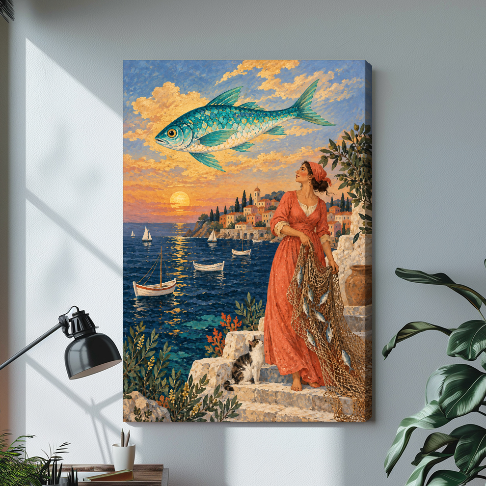 Fisherwoman and flying fish above a sunset harbor on stretched canvas with a visible wrapped edge.