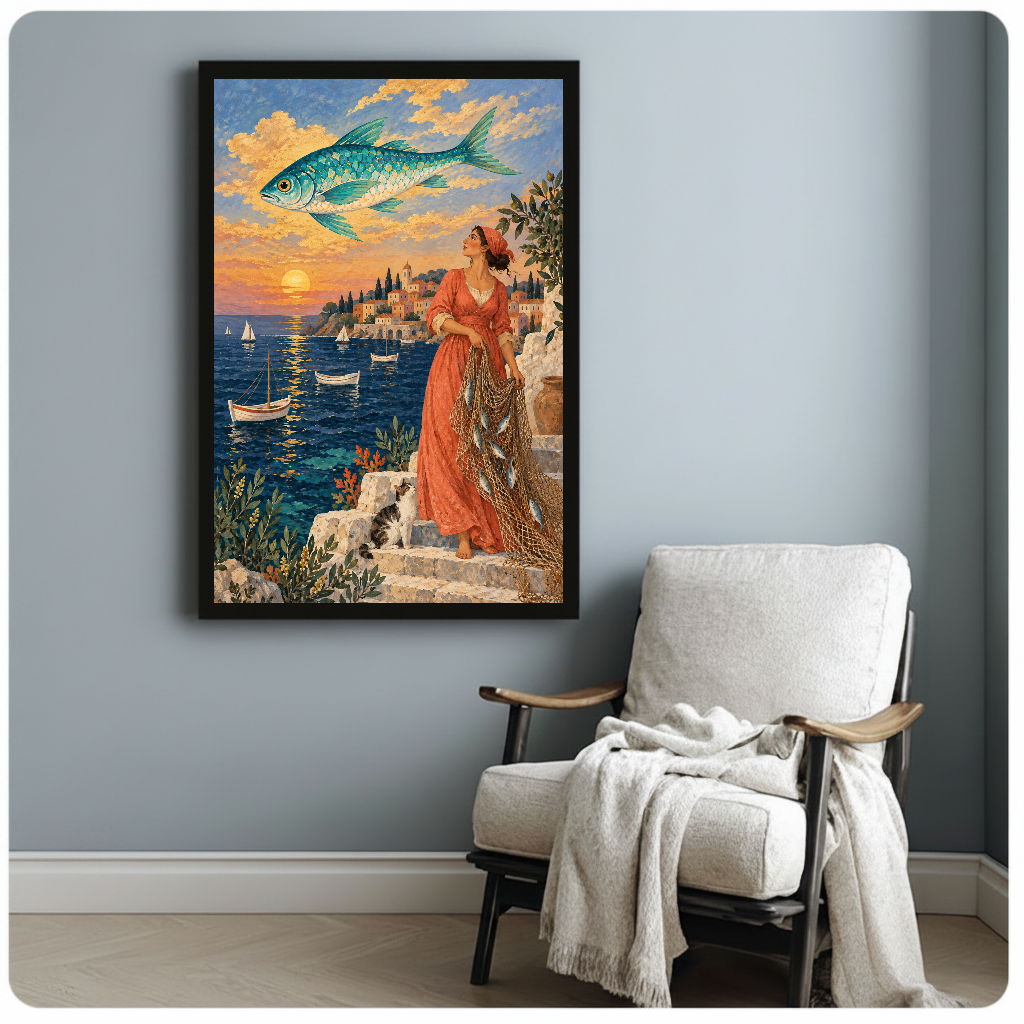 Fisherwoman and flying fish above a sunset harbor in framed canvas beside a light armchair.