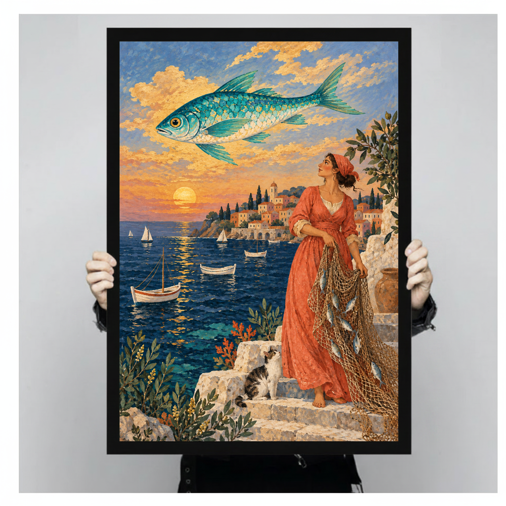 Fisherwoman and flying fish above a sunset harbor in black framed canvas held by a person.