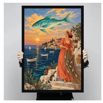 Fisherwoman and flying fish above a sunset harbor in black framed canvas held by a person.
