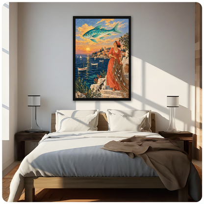 Fisherwoman and flying fish above a sunset harbor displayed as framed canvas above a neutral bed.