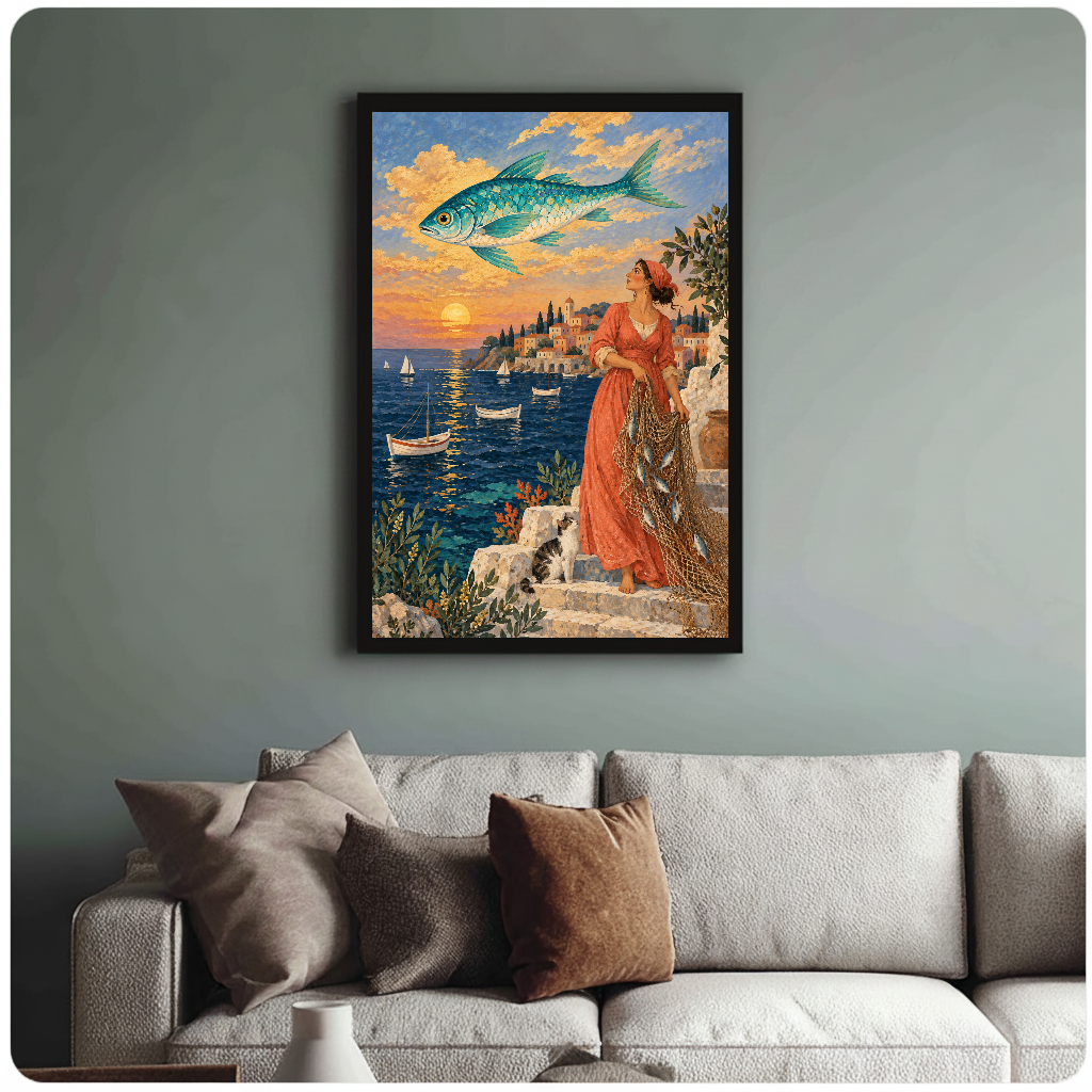Fisherwoman and flying fish above a sunset harbor in framed canvas above a light living room sofa.