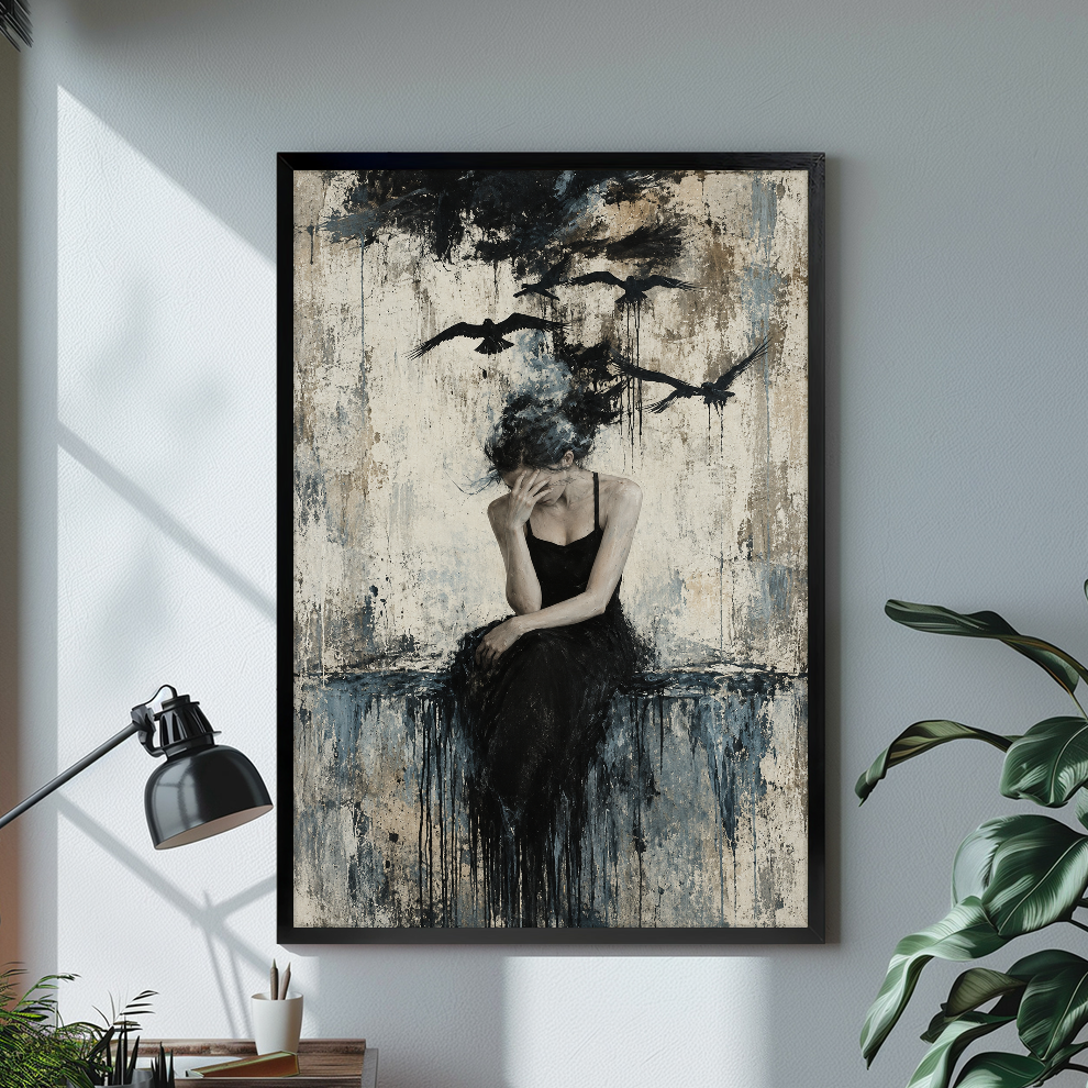 Pensive woman with birds rising above her displayed in black framed canvas beside a lamp.