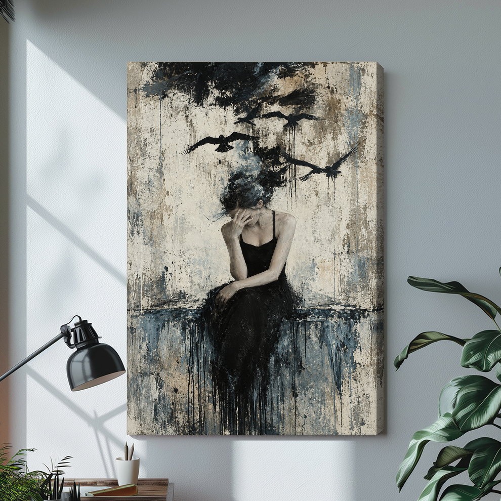 Pensive woman with birds rising above her on stretched canvas with a visible wrapped edge.