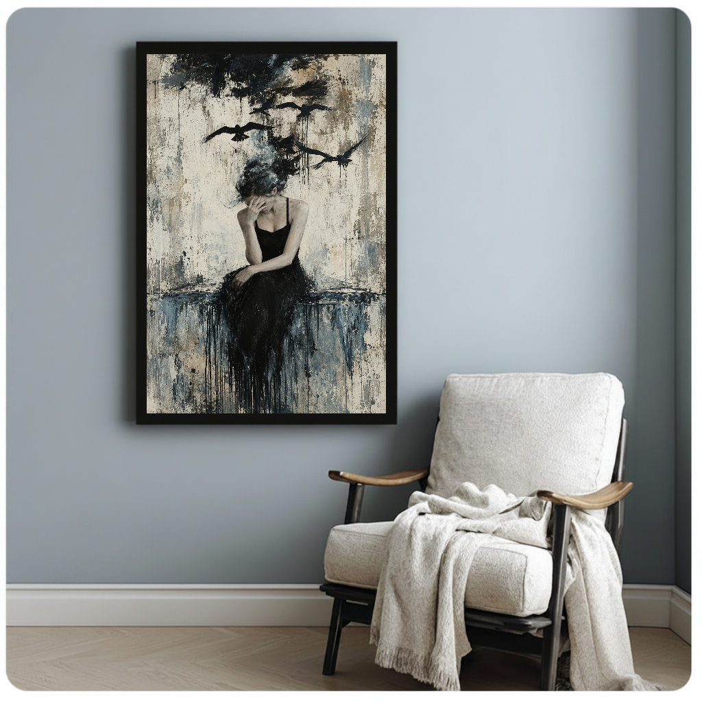 Pensive woman with birds rising above her in framed canvas beside a light armchair.