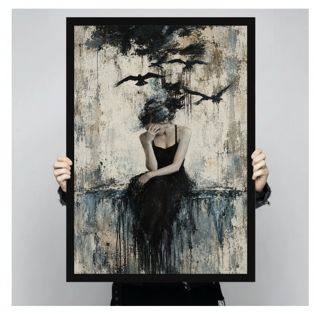 Pensive woman with birds rising above her in black framed canvas held by a person.