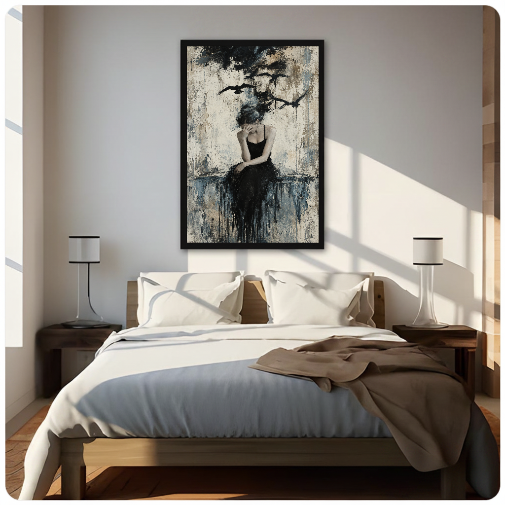 Pensive woman with birds rising above her displayed as framed canvas above a neutral bed.