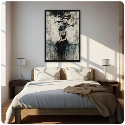 Pensive woman with birds rising above her displayed as framed canvas above a neutral bed.