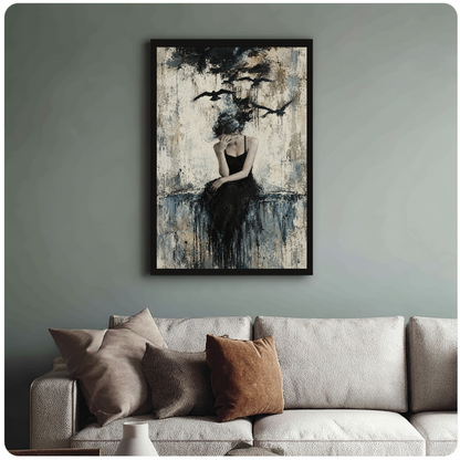 Pensive woman with birds rising above her in framed canvas above a light living room sofa.