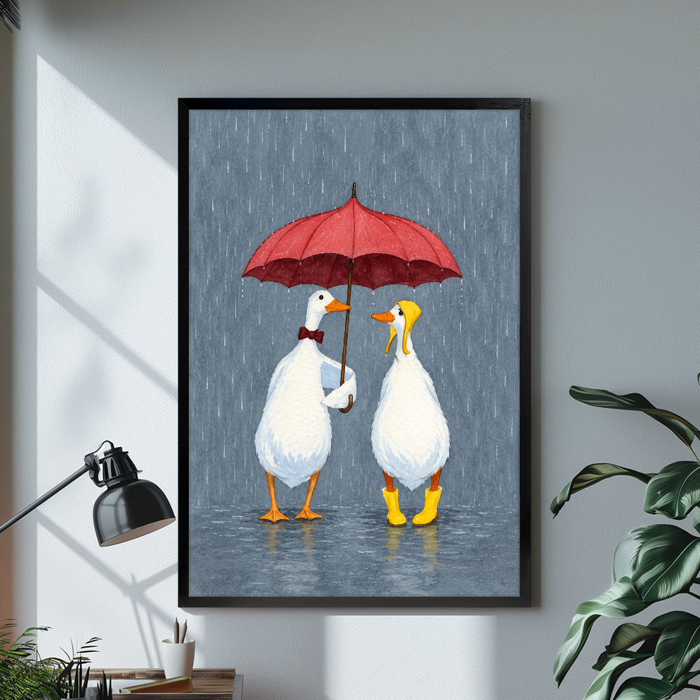 Two white geese sharing a red umbrella displayed in black framed canvas beside a lamp.