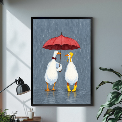 Two white geese sharing a red umbrella displayed in black framed canvas beside a lamp.