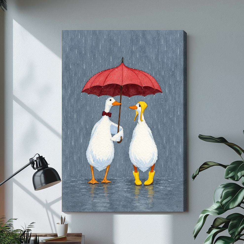 Two white geese sharing a red umbrella on stretched canvas with a visible wrapped edge.