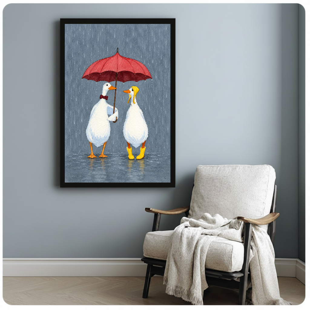 Two white geese sharing a red umbrella in framed canvas beside a light armchair.