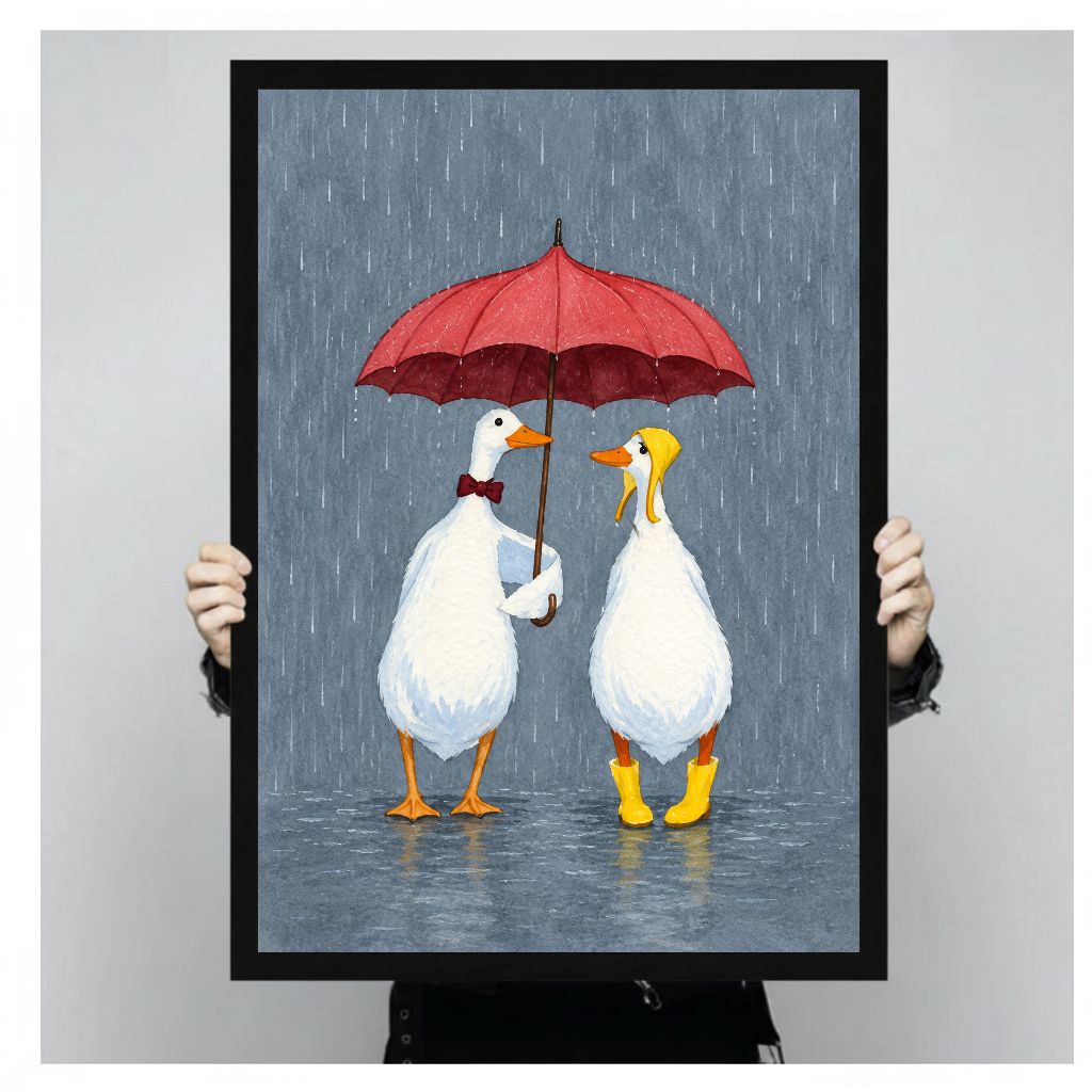 Two white geese sharing a red umbrella in black framed canvas held by a person.