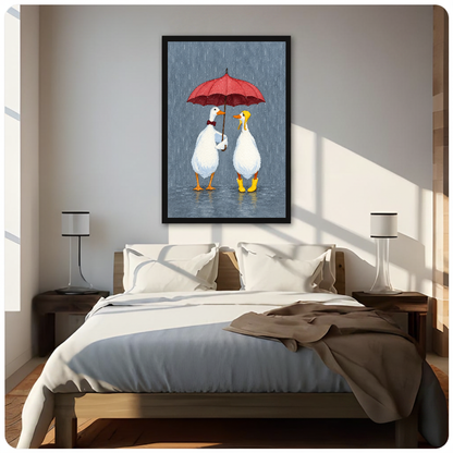 Two white geese sharing a red umbrella displayed as framed canvas above a neutral bed.