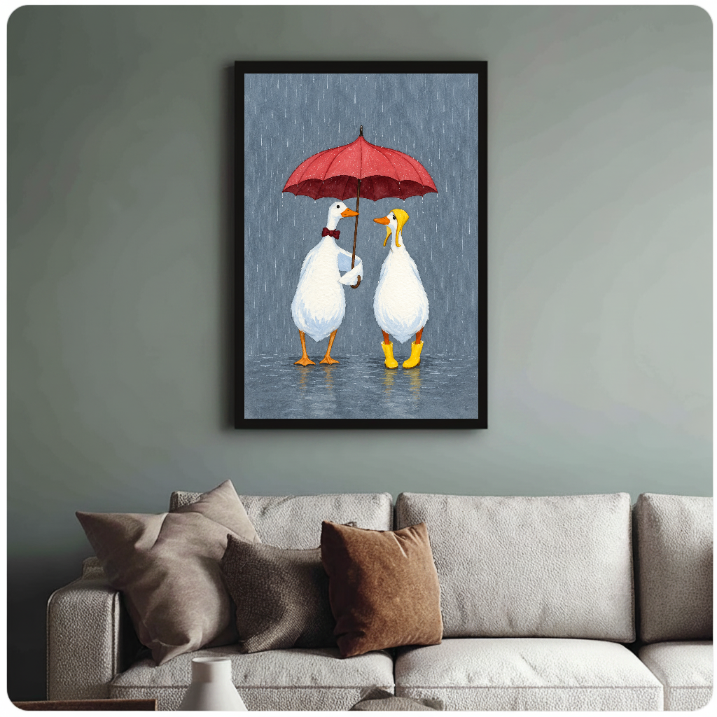 Two white geese sharing a red umbrella in framed canvas above a light living room sofa.