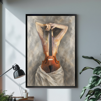 Woman and violin in a surreal painted portrait displayed in black framed canvas beside a lamp.