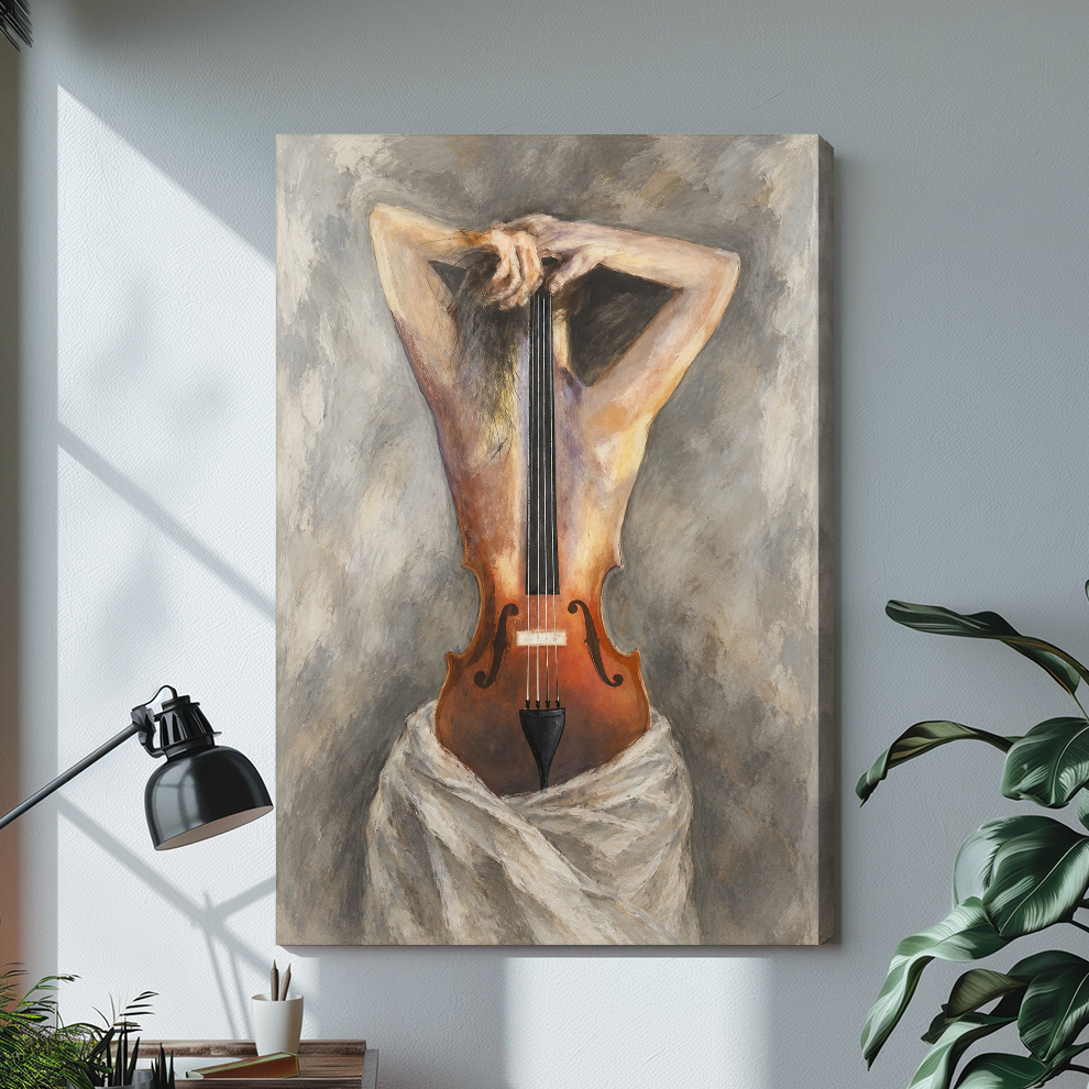 Woman and violin in a surreal painted portrait on stretched canvas with a visible wrapped edge.