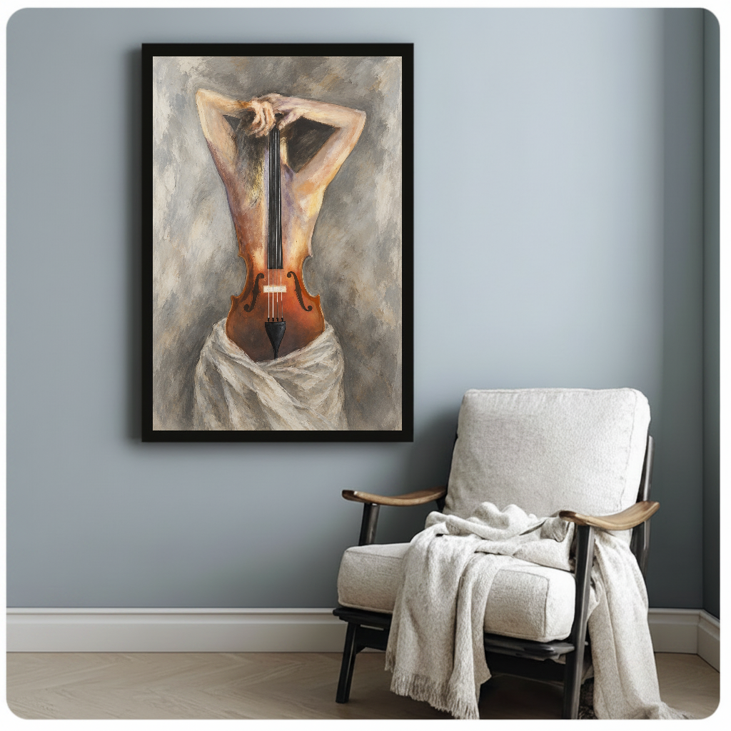 Woman and violin in a surreal painted portrait in framed canvas beside a light armchair.