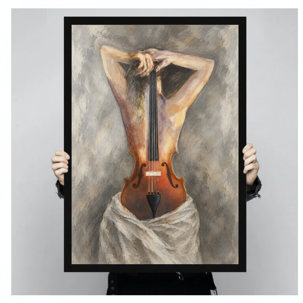 Woman and violin in a surreal painted portrait in black framed canvas held by a person.