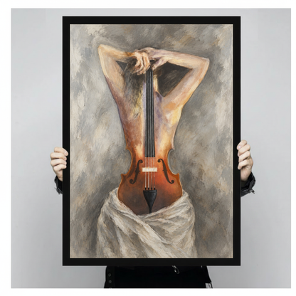 Woman and violin in a surreal painted portrait in black framed canvas held by a person.