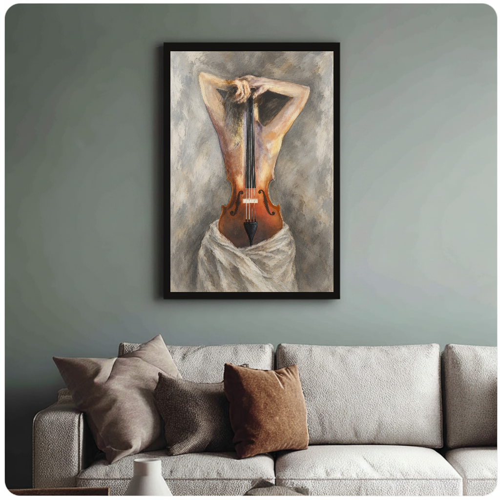 Woman and violin in a surreal painted portrait in framed canvas above a light living room sofa.