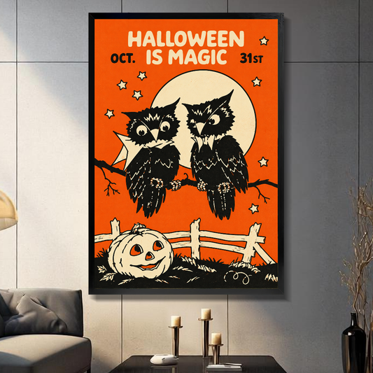 Halloween Owls Canvas Art W10032 — Framed canvas; warm gray living room