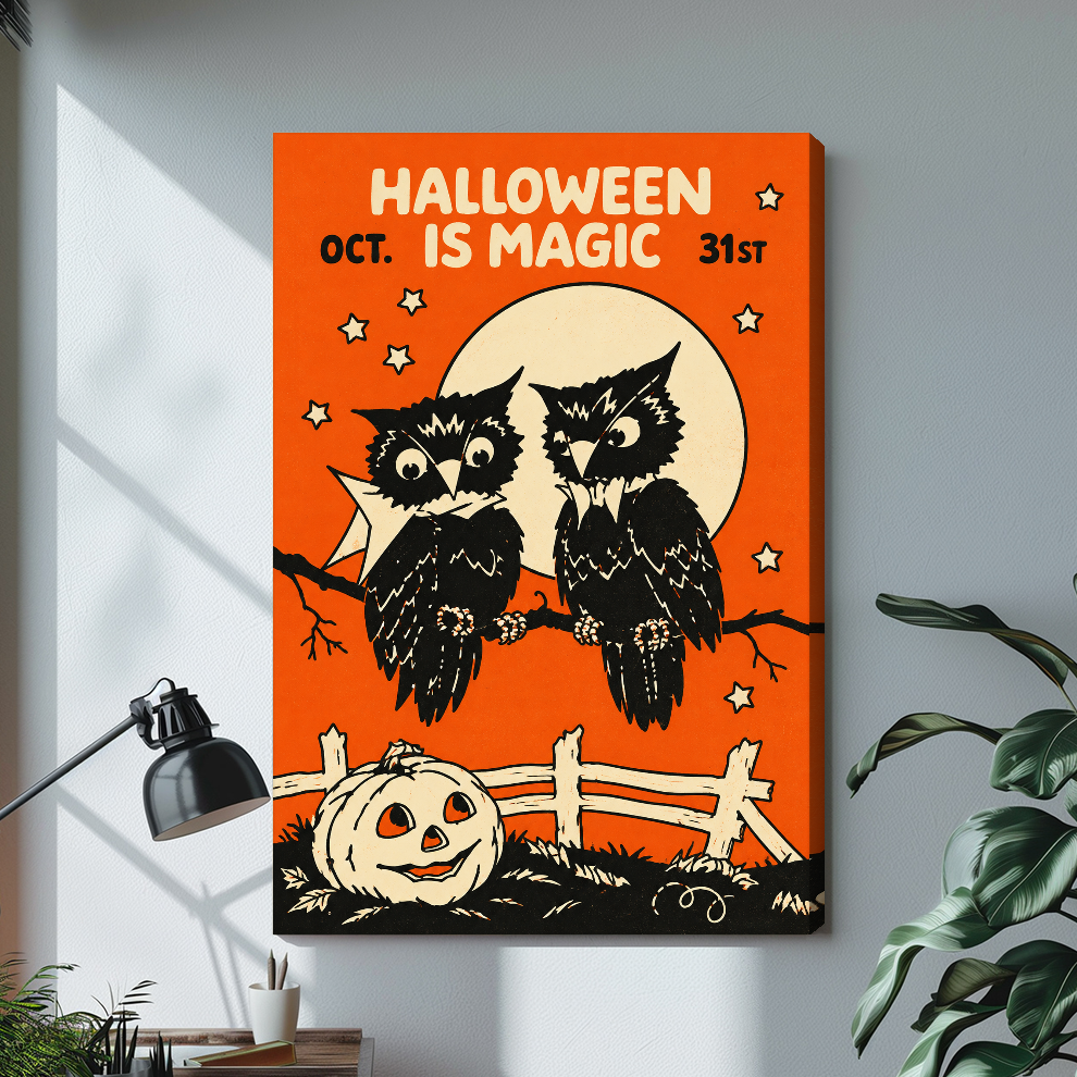 Two owls with moon and Halloween lettering on stretched canvas with a visible wrapped edge.