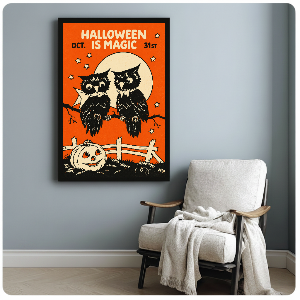 Two owls with moon and Halloween lettering in framed canvas beside a light armchair.