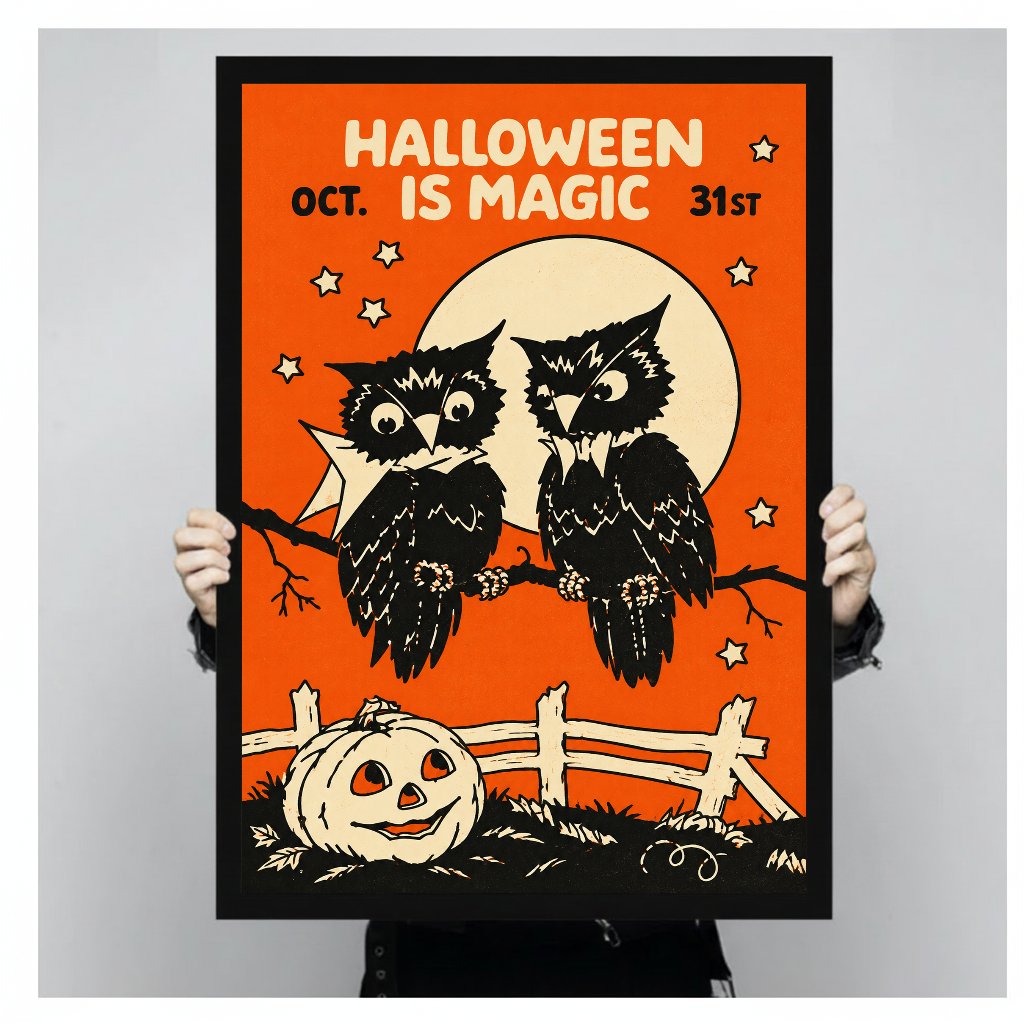 Two owls with moon and Halloween lettering in black framed canvas held by a person.