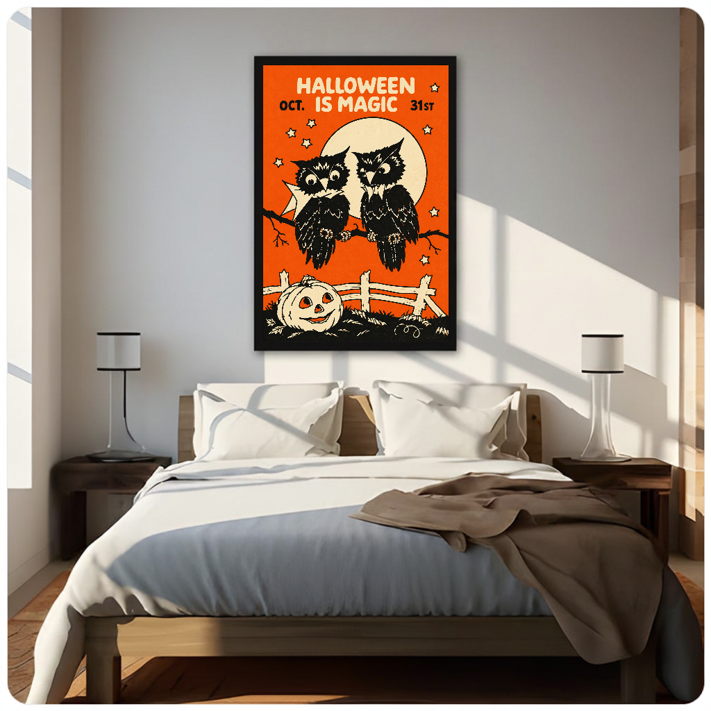 Two owls with moon and Halloween lettering displayed as framed canvas above a neutral bed.
