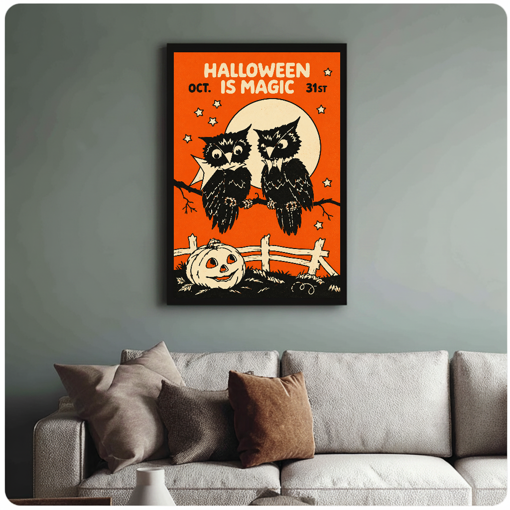 Two owls with moon and Halloween lettering in framed canvas above a light living room sofa.