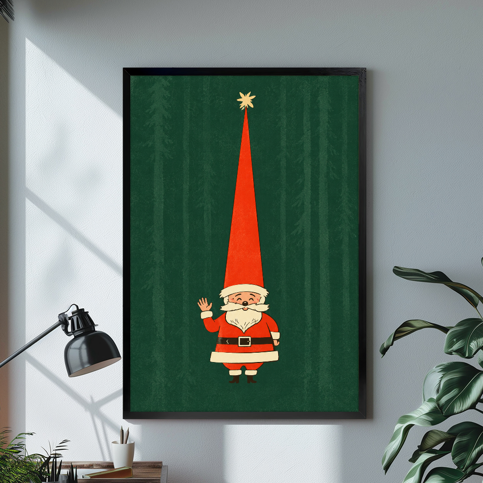Waving Santa with a very tall red hat displayed in black framed canvas beside a lamp.