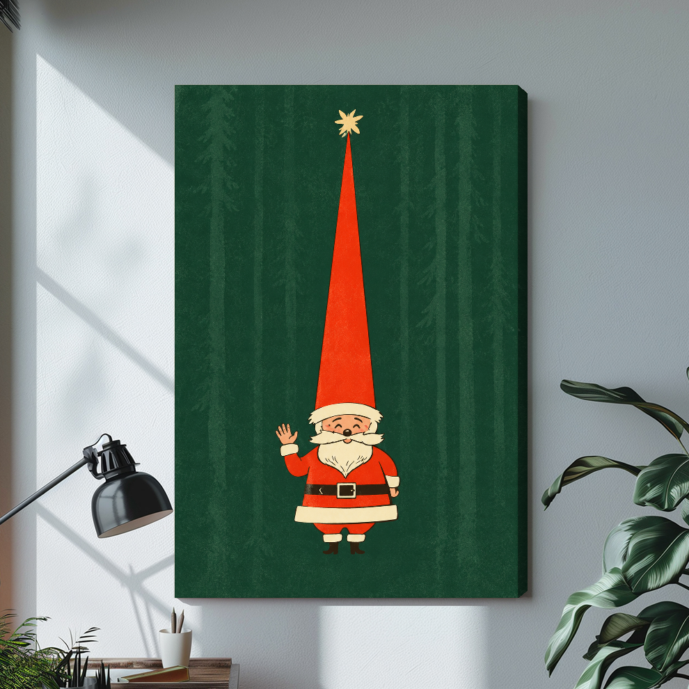 Waving Santa with a very tall red hat on stretched canvas with a visible wrapped edge.