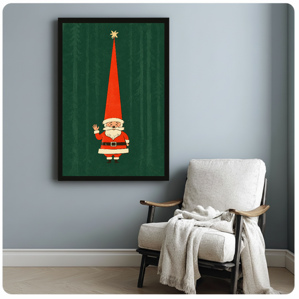 Waving Santa with a very tall red hat in framed canvas beside a light armchair.