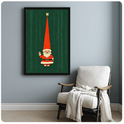 Waving Santa with a very tall red hat in framed canvas beside a light armchair.