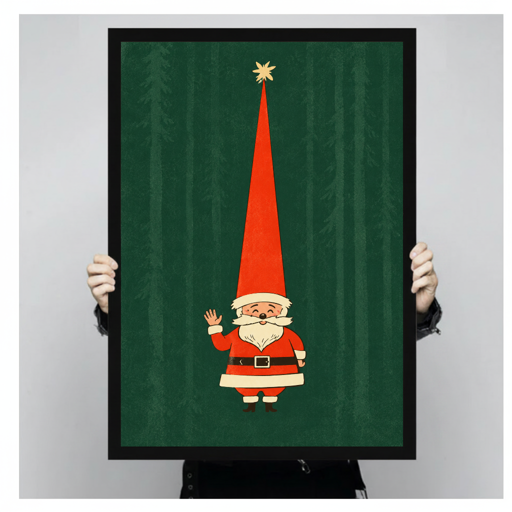 Waving Santa with a very tall red hat in black framed canvas held by a person.