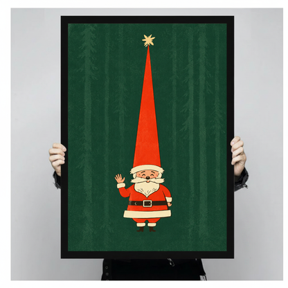 Waving Santa with a very tall red hat in black framed canvas held by a person.