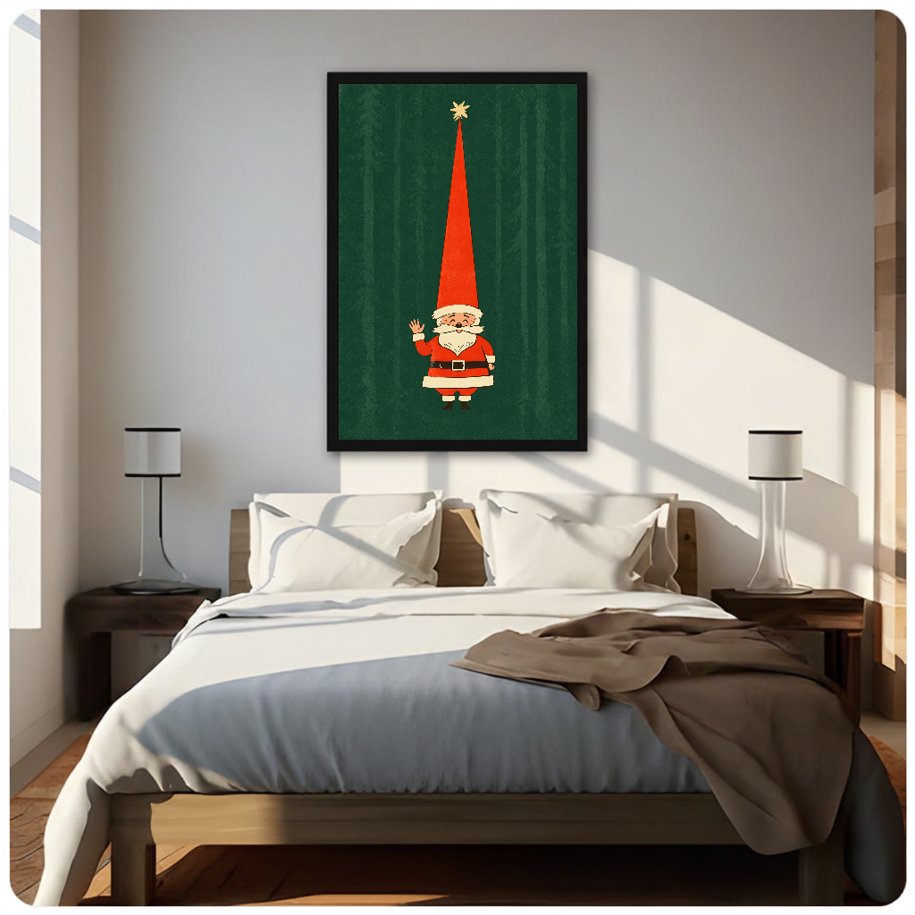 Waving Santa with a very tall red hat displayed as framed canvas above a neutral bed.