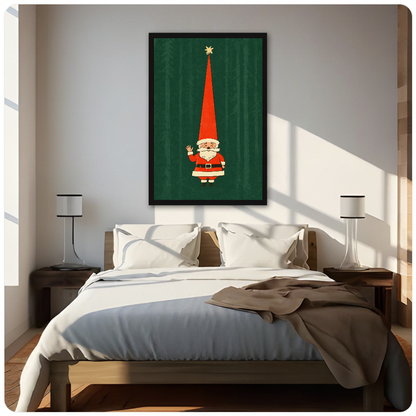 Waving Santa with a very tall red hat displayed as framed canvas above a neutral bed.