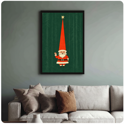 Waving Santa with a very tall red hat in framed canvas above a light living room sofa.