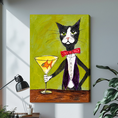 Tuxedo cat holding a goldfish martini glass on stretched canvas with a visible wrapped edge.