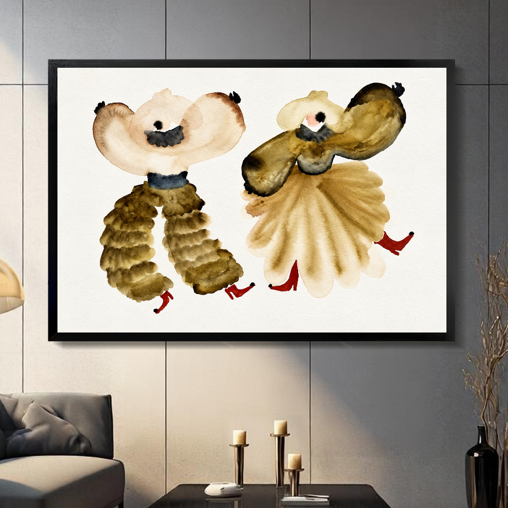 Black framed watercolor dancers canvas displayed above a sofa against a gray paneled wall.