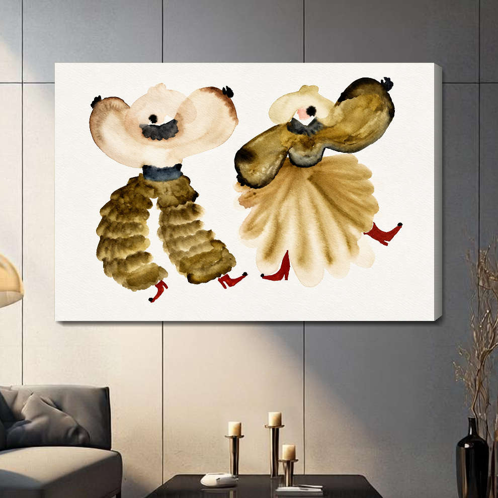 Stretched canvas watercolor dancers with visible edge depth above a sofa in a neutral room.