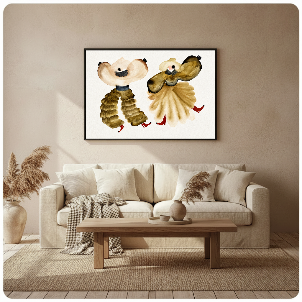 Joyful watercolor dancers artwork in a black frame above a softly styled living room sofa.