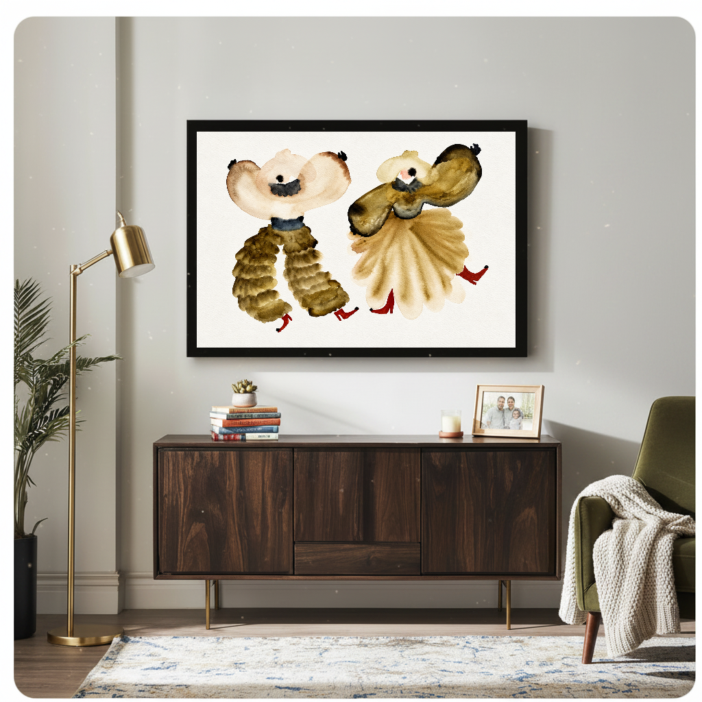 Horizontal watercolor dancers wall art displayed above a cabinet with neutral decorative accents.