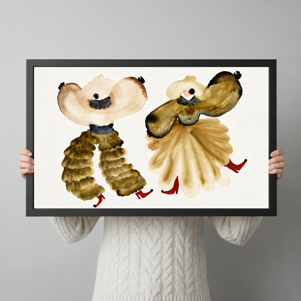 A person holds the framed watercolor dancers artwork to show its horizontal shape and scale.