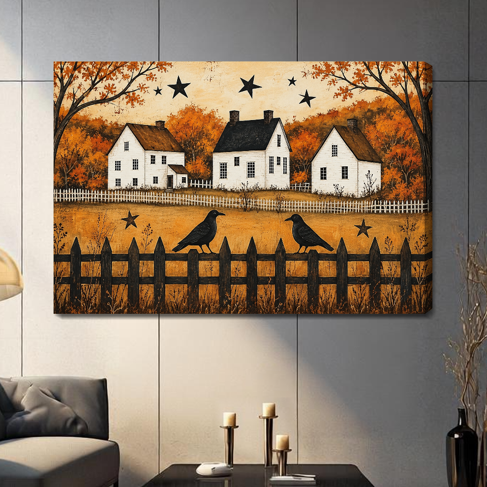 Stretched canvas autumn crows and cottages artwork with visible side depth against a gray wall.