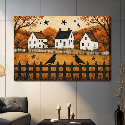 Stretched canvas autumn crows and cottages artwork with visible side depth against a gray wall.